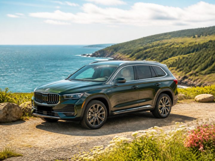 Forest green comfort SUV at a coastal overlook