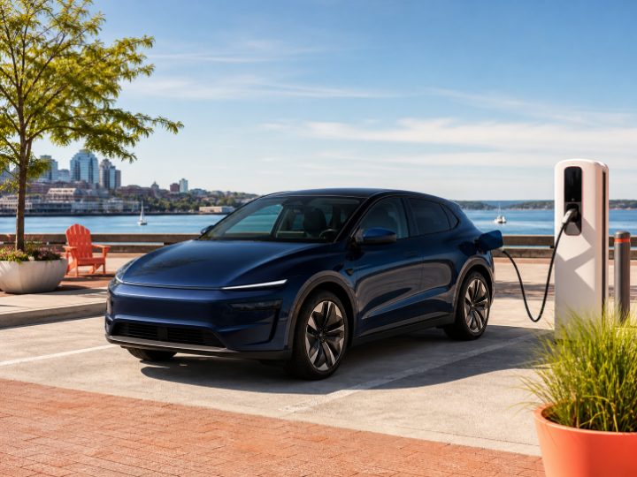 Midnight blue electric crossover charging by Halifax harbour