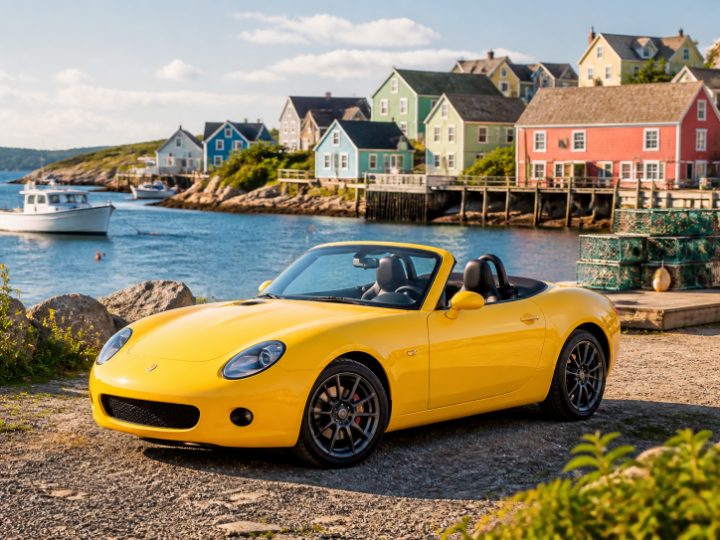 Sunny yellow compact roadster by a fishing village