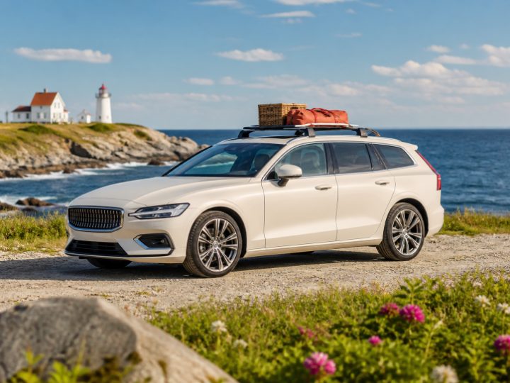 Cream touring wagon near a Nova Scotia lighthouse