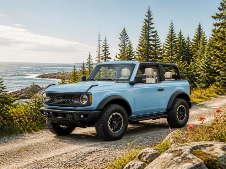 Sky blue open-top adventure SUV on a coastal trail