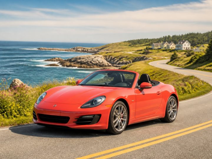 Coral convertible on a Nova Scotia coastal road